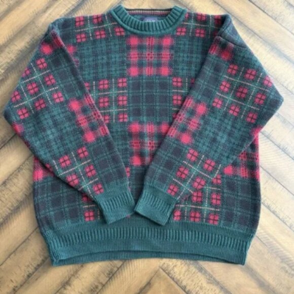 Vintage Gant 100% Cotton Red Green Patchwork Plaid Christmas Sweater Men's L - Picture 1 of 6